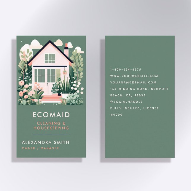 Carte De Visite Services de nettoyage Ménage Scandi House Green (cleaning housekeeper janitorial business card scandi scandinavian elegant modern green simple classy)