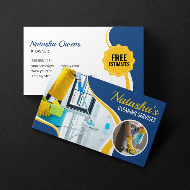 Carte De Visite Services de nettoyage professionnels bleu jaune fe (Créateur téléchargé)