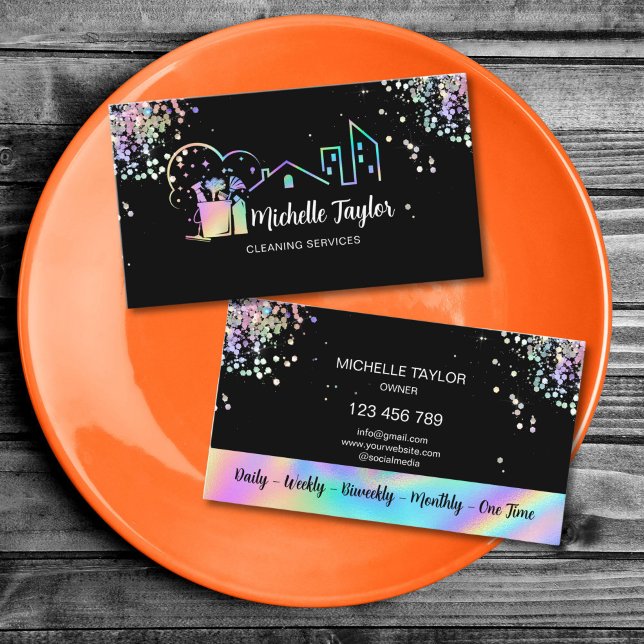 Carte De Visite Services de nettoyage professionnels de maison et  (Professional House and Office Cleaning Services Business Card with holographic glitter logo design)