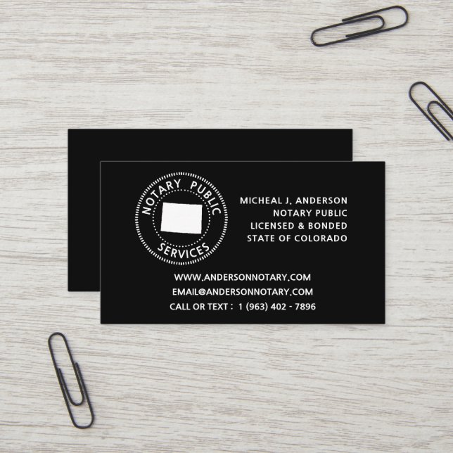 Carte De Visite Services de notaire public du Colorado (Devant/Arrière en situation)