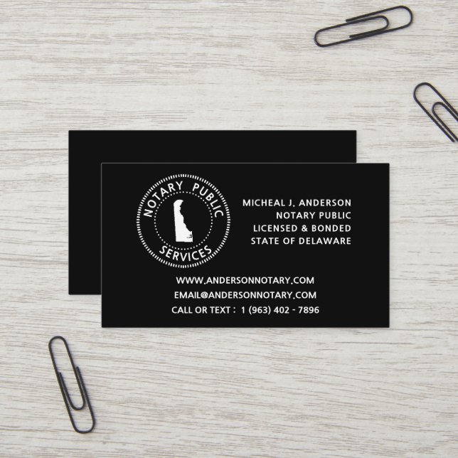 Carte De Visite Services de notaire public du Delaware (Devant/Arrière en situation)