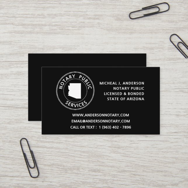 Carte De Visite Services de notaire public en Arizona (Devant/Arrière en situation)