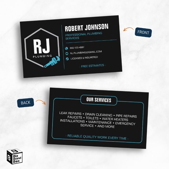 Carte De Visite Services de plomberie professionnels Black Blue (Professional Plumber Black Blue Plumbing Services Business Card)