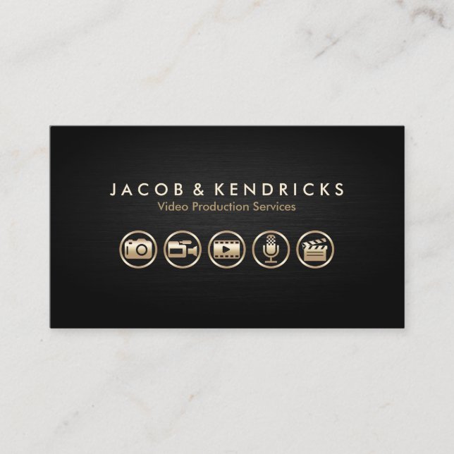 Carte De Visite Services de production vidéo Icônes d'or Métal noi (Devant)