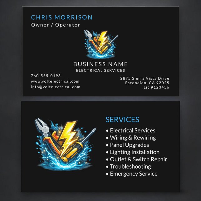 Carte De Visite Services d'électricien noir Professionnel (Créateur téléchargé)
