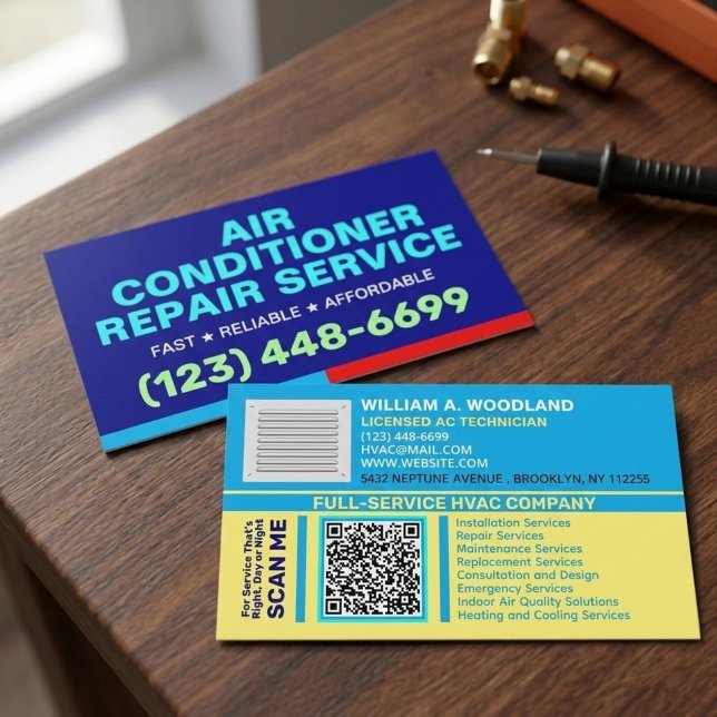 Carte De Visite Services d'installation de réparation de climatisa (AC business cards with QR, custom HVAC company logo, air conditioning installation cards)