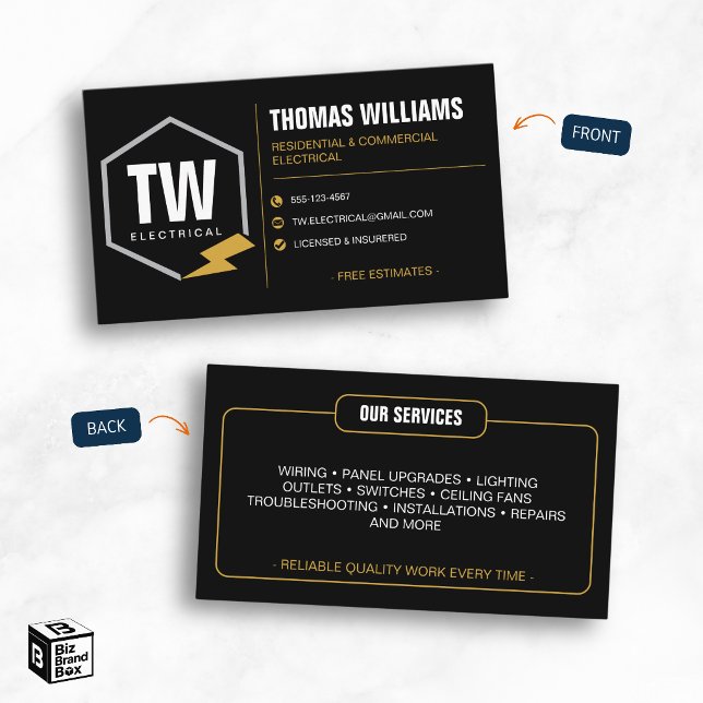 Carte De Visite Services électriques professionnels d'électricien  (Professional Black Electrician Electrical Services Business Card)