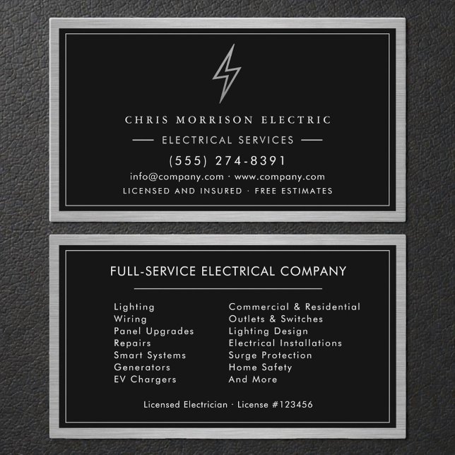 Carte De Visite Services Électriques Silver & Black Électricien (Créateur téléchargé)