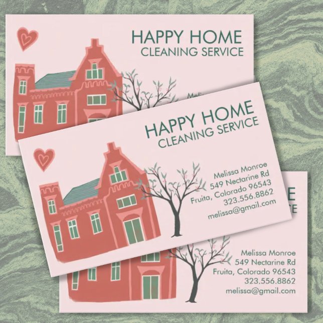 Carte De Visite Services Nettoyage à domicile Charmant rose vert (Cute house hand-drawn illustration decorates this custom business card. Add your text, change colors)