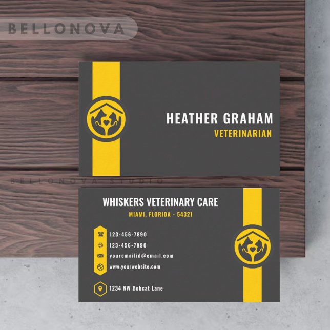 Carte De Visite Services personnalisés de soins pour animaux de co (Custom Dark Grey Black Yellow Pet Care Services Business Card)