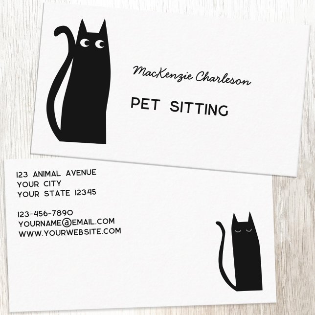 Carte De Visite Services pour animaux de chat noir (Black cat pet sitting feeding animal services custom text business cards)