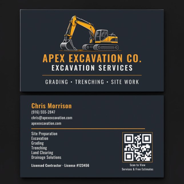 Carte De Visite Services professionnels de code QR pour excavateur (Créateur téléchargé)