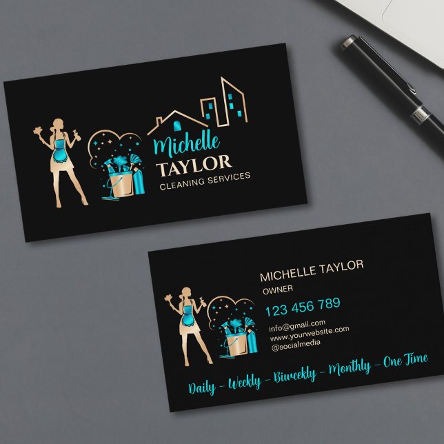 Carte De Visite Services professionnels de nettoyage des maisons e (cleaning logo in gold and blue color, featuring house cleaning tools bucket,  city skyline and maid )