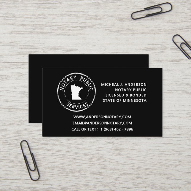 Carte De Visite Services publics de notaire du Minnesota (Devant/Arrière en situation)