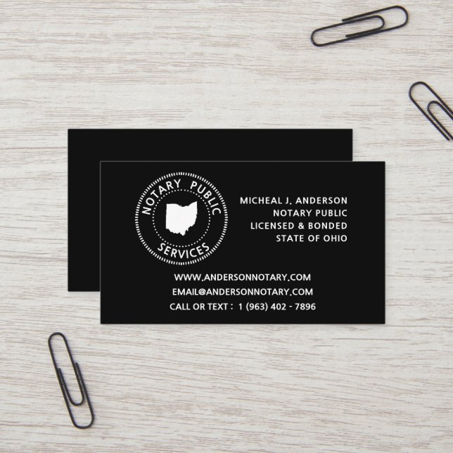 Carte De Visite Services publics notaires de l'Ohio (Devant/Arrière en situation)