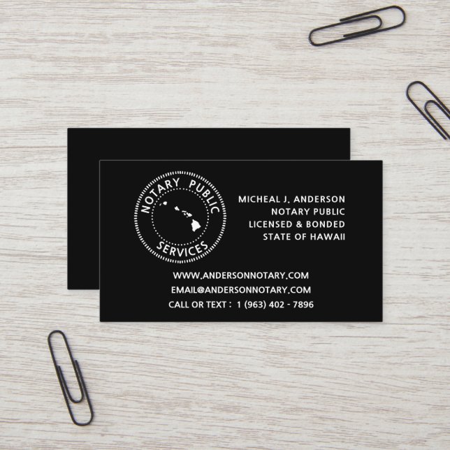 Carte De Visite Services publics notaires Hawaii (Devant/Arrière en situation)