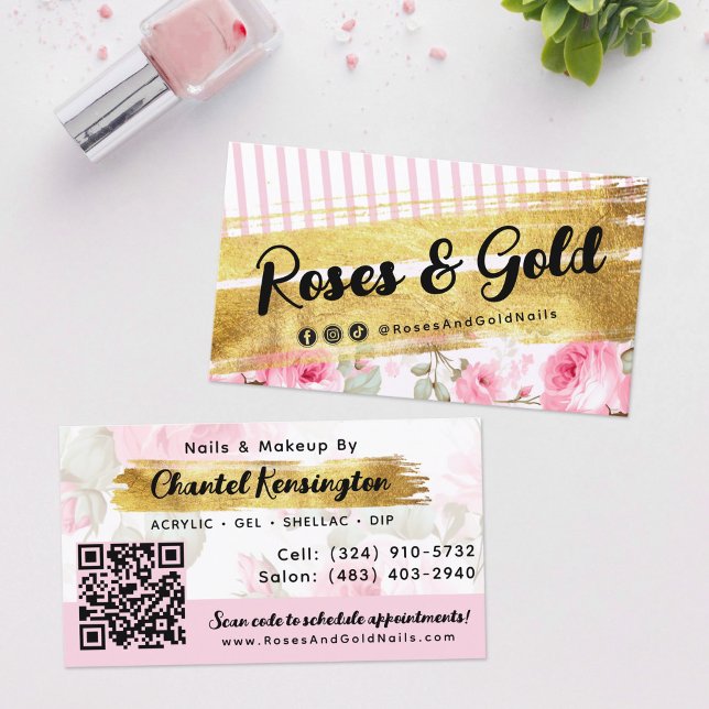 Carte De Visite Shabby Blush Aquarelle Rose Gold Social QR Code (Créateur téléchargé)