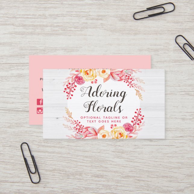 Carte De Visite Shabby Chic Roses & Rustique Bois Blush Rose Flora (Devant/Arrière en situation)