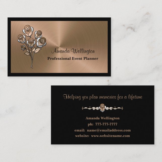 Carte De Visite Shiny Copper Floral Event Planner Business Card (Devant / Derrière)