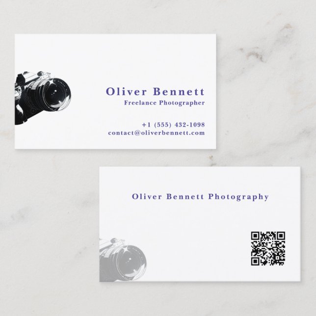 Carte De Visite Side-cut Design Camera Photographer QR Code  (Devant / Derrière)