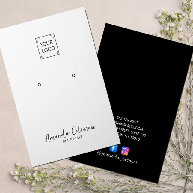 CARTE DE VISITE SIGNATURE DE LA PLAINE NOIRE REGARDANT LOGO DE BIJ (Custom logo, white or any color earring display card template with social media icons)