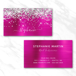 Carte De Visite Signature Féminine Pailletée Rose Chaud Aluminium