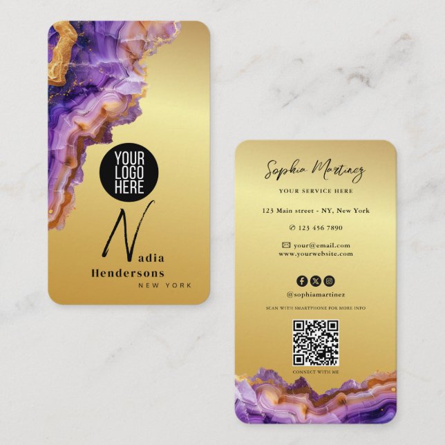 Carte De Visite Signature Marbre Agate Violette et Logo QR Code en (Devant / Derrière)