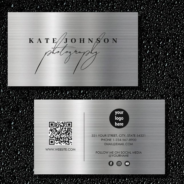 Carte De Visite Signature métallique Script QR Code Médias sociaux (Metallic Signature Script QR Code Social Media Business Card)