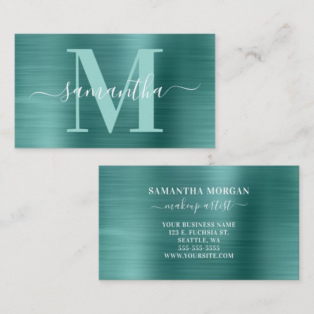 Carte De Visite Signature Monogram Aqua Turquoise Shimmer Foil (Devant / Derrière)