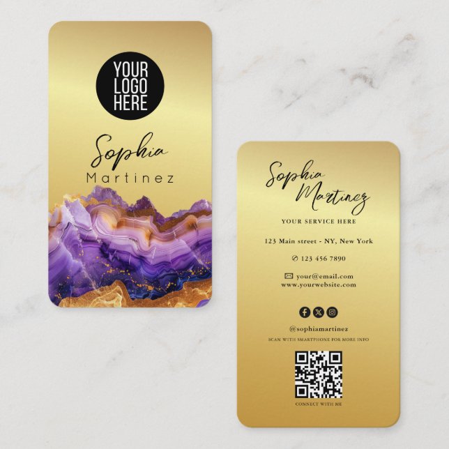 Carte De Visite Signature Purple Agate gold marble & QR Code Logo (Devant / Derrière)