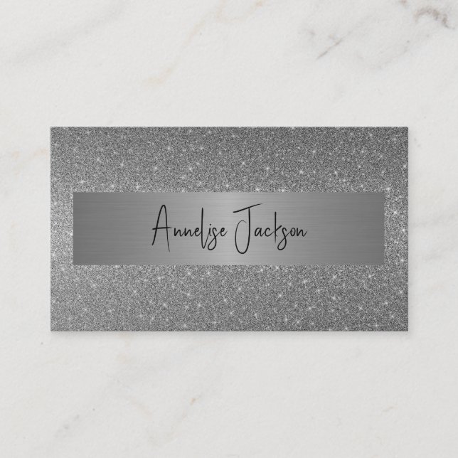 Carte De Visite Signature script moderne glam argent parties scint (Devant)