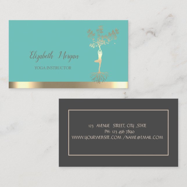 Carte De Visite Silhouette Arbre d'Or, Instructeur de Yoga Vert Me (Devant / Derrière)