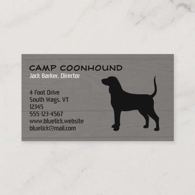 Carte De Visite Silhouette de Bluetick Coonhound sur style bois (Devant)