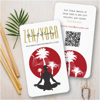 Carte De Visite Silhouette de Yoga Palmiers Tropicaux & Soleil Rou