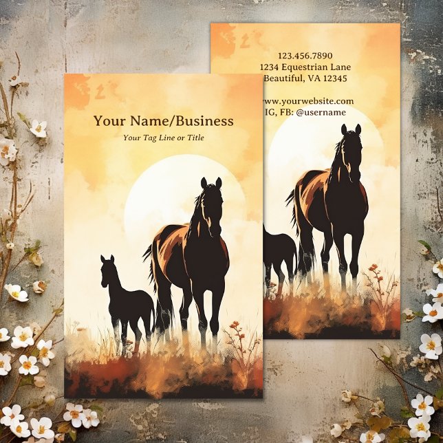 Carte De Visite Silhouette Mare et Foal Horse Sunset Equestre (Silhouette Mare and Foal Horse Sunset Equestrian Business Card)