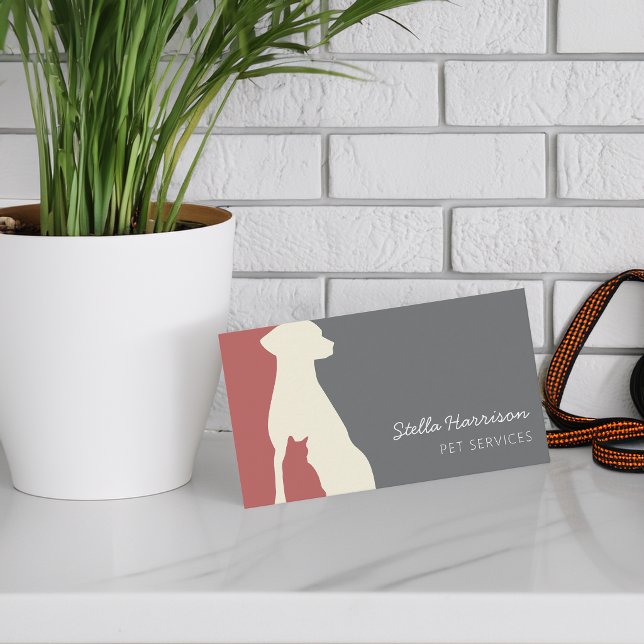 Carte De Visite Silhouette Moderne Service pour Chiens et Chats (Modern Silhouette Dog Cat Pet Service Business Card)