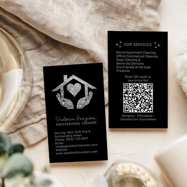 Carte De Visite Silver Black Cleaning Service Maid QR Code Logo (Silver Black Cleaning Service Maid QR Code Logo Business Card
)