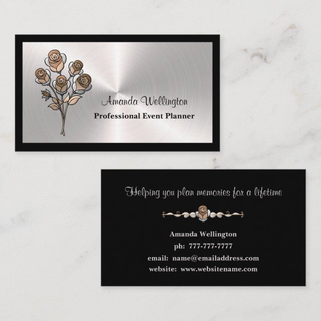 Carte De Visite Silver & Black Floral Event Planner Business Card (Devant / Derrière)