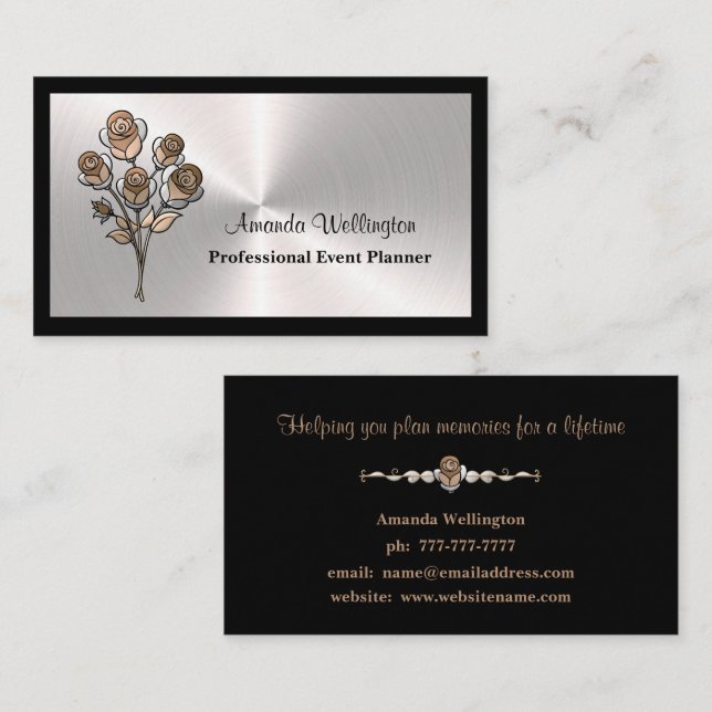 Carte De Visite Silver & Black Floral Event Planner Business Card (Devant / Derrière)