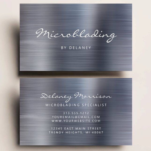 Carte De Visite Silver Brushed Metal Script Microblading (Créateur téléchargé)