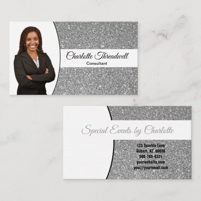 Carte De Visite Silver Faux Glitter Replaceable Professional Photo (Devant / Derrière)