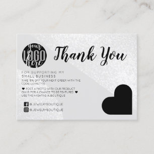 Carte De Visite Silver Glitter Geo Heart Logo Customer Thank You