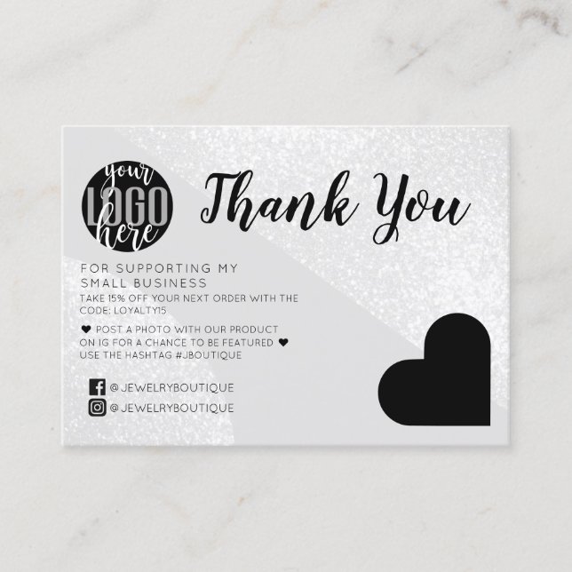 Carte De Visite Silver Glitter Geo Heart Logo Customer Thank You (Devant)