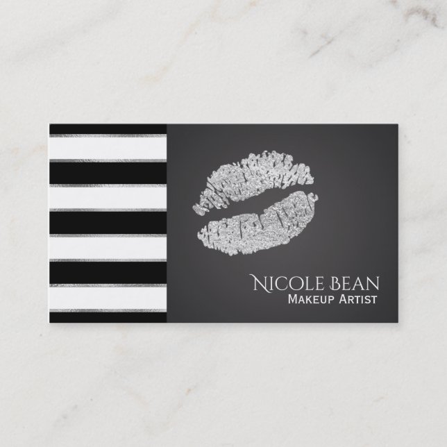 Carte De Visite Silver Lips Glam Chic Beauty Salon Maquillage (Devant)