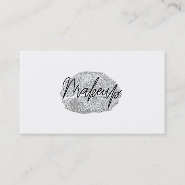 Carte De Visite Silver Lips Kiss Maquillage Beauté Glam Chic Blanc (Devant)