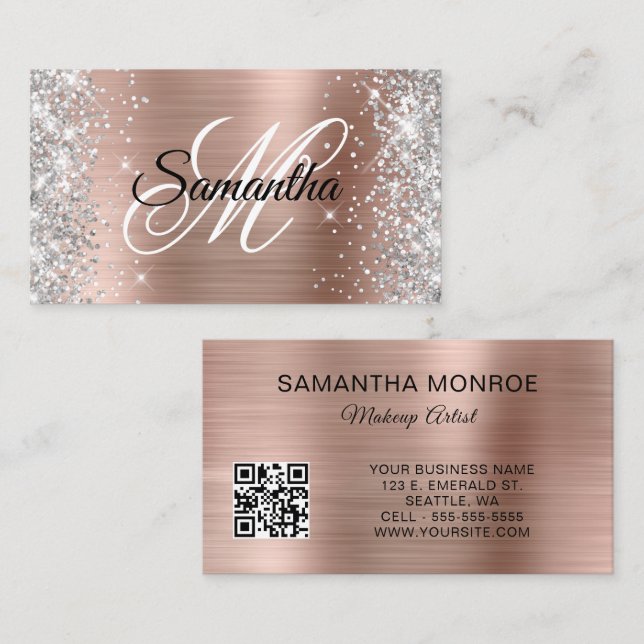 Carte De Visite Silver Parties scintillant Rose Gold Foil Monogram (Devant / Derrière)