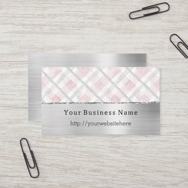 Carte De Visite Silver Pink Glitzy Stripes Business name website (Devant/Arrière en situation)
