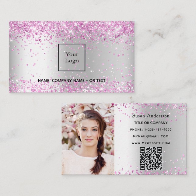 Carte De Visite Silver rose photo QR code salon de beauté (Devant / Derrière)