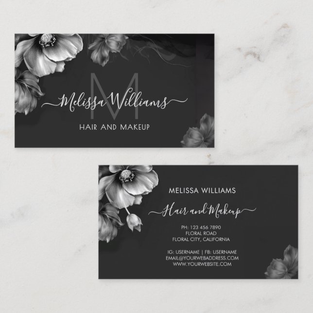 Carte De Visite Silver Shiny Flowers Black  (Devant / Derrière)