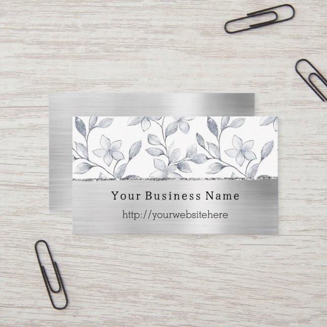 Carte De Visite Silver White Floral Business name website (Devant/Arrière en situation)